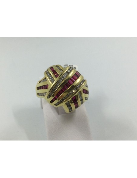 Anillo ancho en oro, brillantes y rubÃ­es