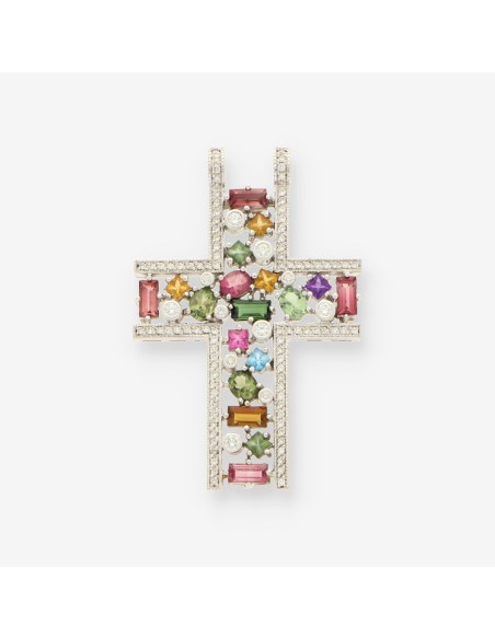 Cruz oro blanco piedras colores y bri