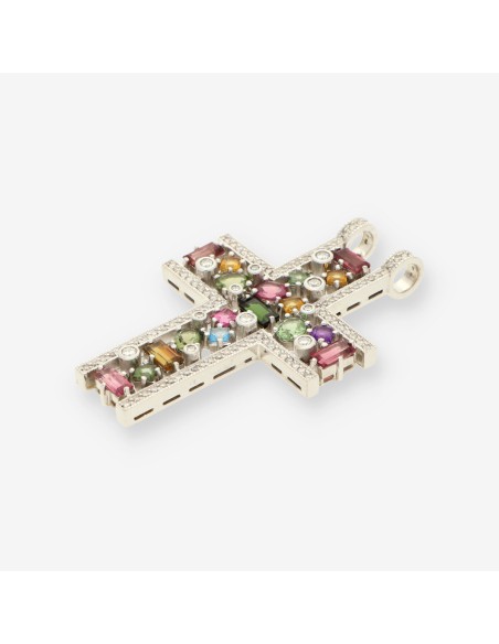 Cruz oro blanco piedras colores y bri