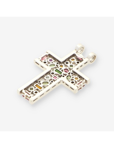 Cruz oro blanco piedras colores y bri