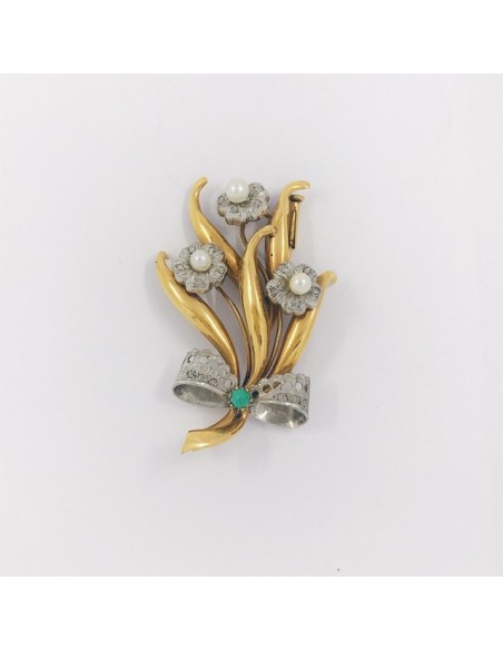 Broche en oro, brillantes y perlitas.
