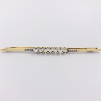 Broche aguja en oro, diamantes y perlitas