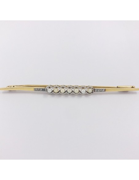 Broche aguja en oro, diamantes y perlitas