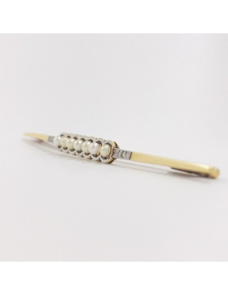 Broche aguja en oro, diamantes y perlitas