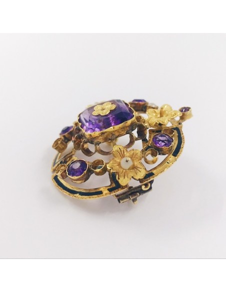 Broche de oro con perlitas y piedras de color