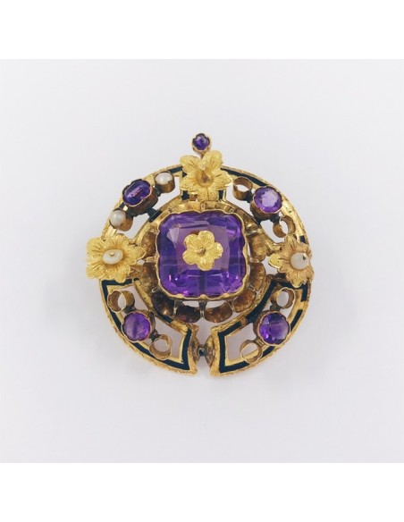 Broche de oro con perlitas y piedras de color