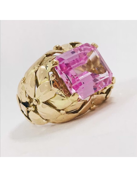 Anillo ancho en oro 18kt con piedra rosa