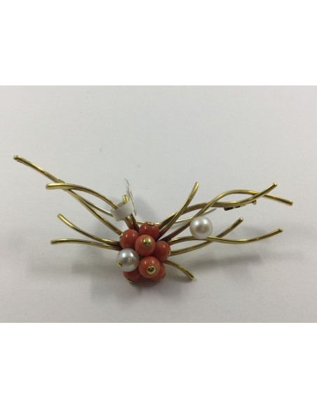 Broche de oro con coral y perlitas