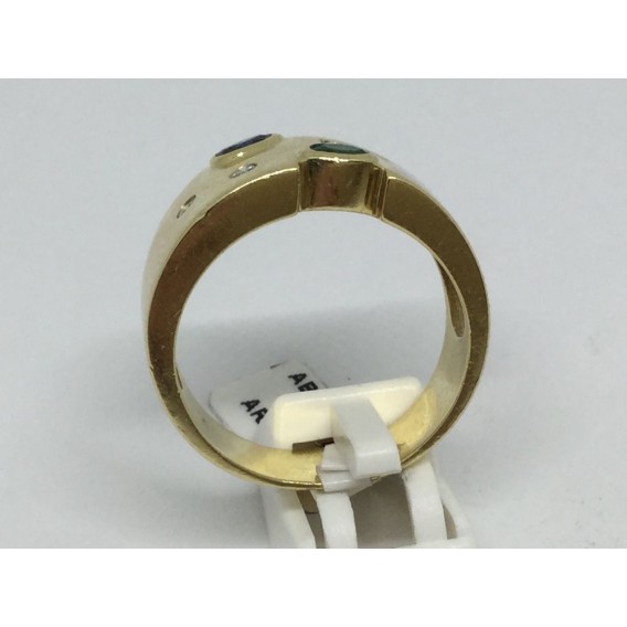 Sortija ancha de oro con brillantes, zafiro y esmeralda