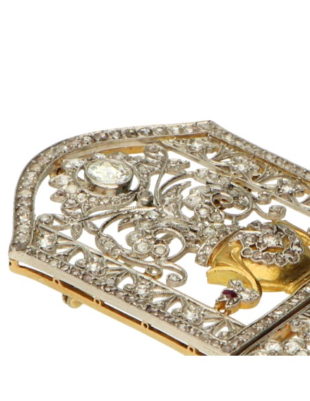 Broche vitage en oro bicolor oro 18kt brillantes y zafiro