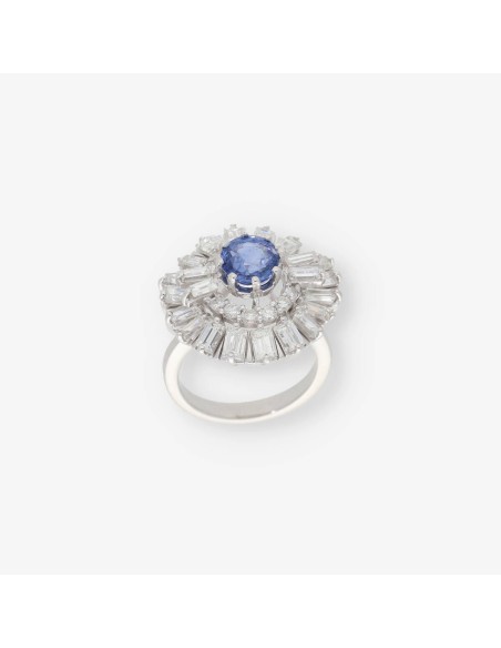 Anillo oro blanco 18kt con diamantes y zafiro