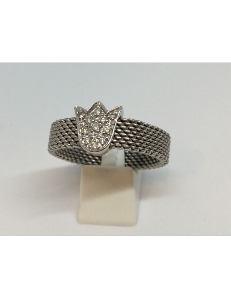 Sortija Tous en malla de oro blanco con centro de tulipÃ¡n de oro blanco  y brillantes