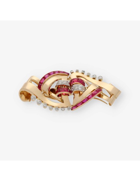 Broche de oro 18kt con brillantes y piedras semipreciosas