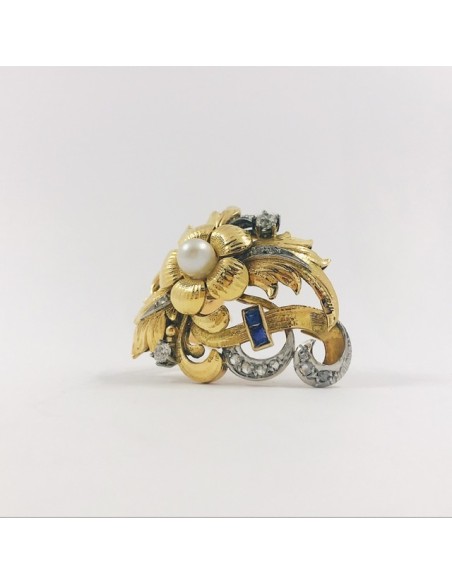Broche en oro, diamantes y perla