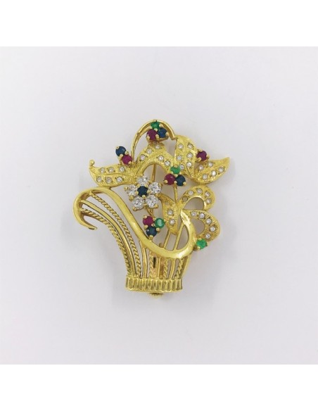 Broche en oro, circonitas y piedras de color