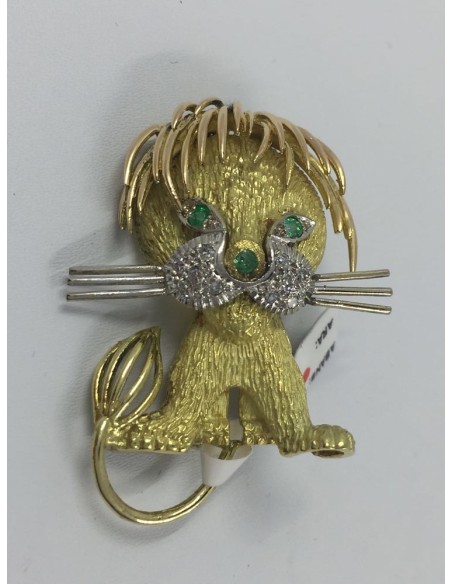 Broche en oro, brillantes y esmeraldas