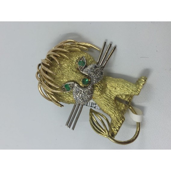 Broche en oro, brillantes y esmeraldas