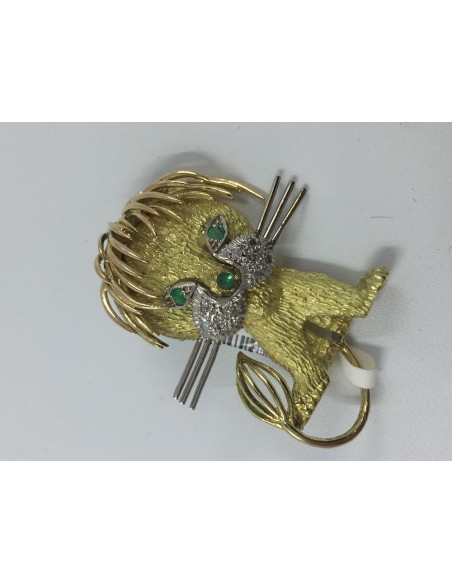 Broche en oro, brillantes y esmeraldas