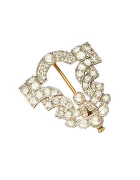 Broche art decÃ³ en oro, diamantes y perlas