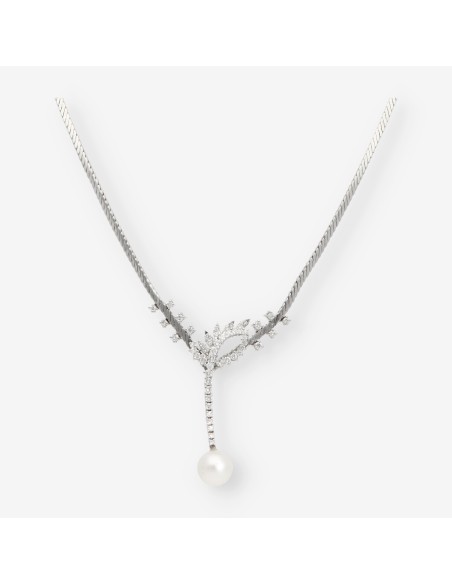 Gargantilla en oro blanco, brillantes y perla cultivada