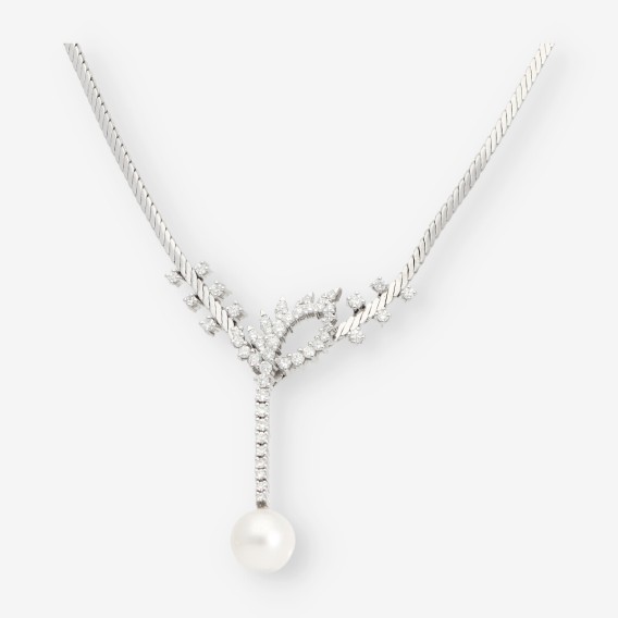 Gargantilla en oro blanco, brillantes y perla cultivada