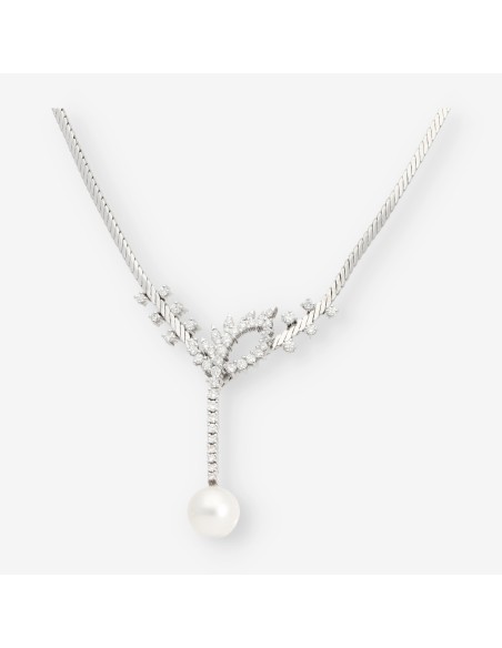 Gargantilla en oro blanco, brillantes y perla cultivada