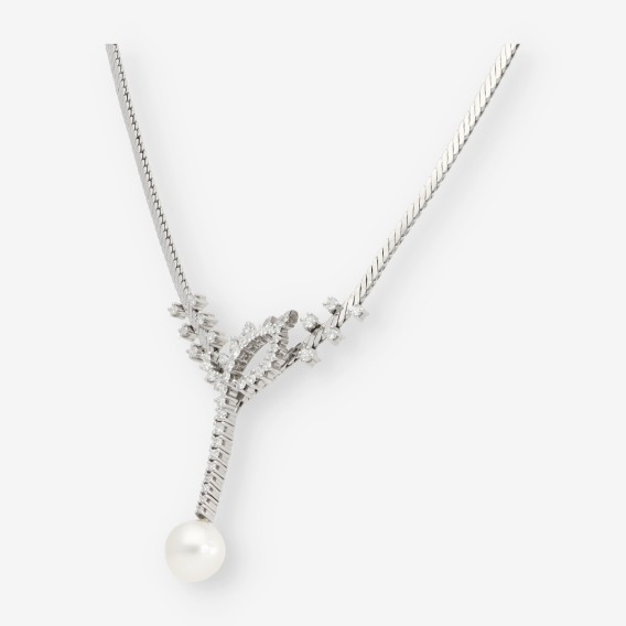 Gargantilla en oro blanco, brillantes y perla cultivada