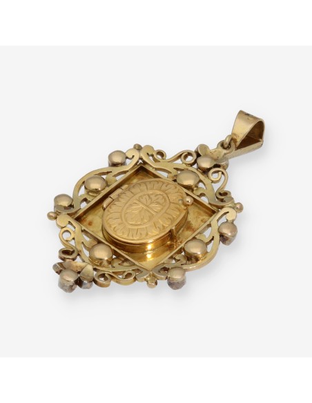 Colgante portafotos en oro 18kt diamantes y esmeraldas