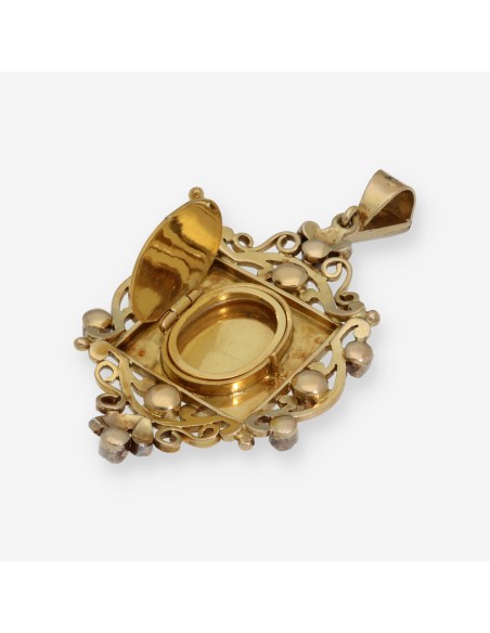 Colgante portafotos en oro 18kt diamantes y esmeraldas
