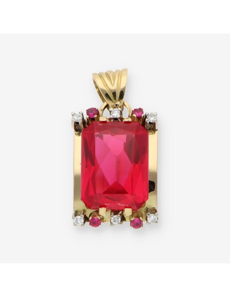 Colgante en oro 18kt con gran piedra roja y brillantes