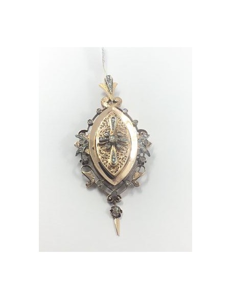 Antiguo broche colgante en oro rosa y diamantes
