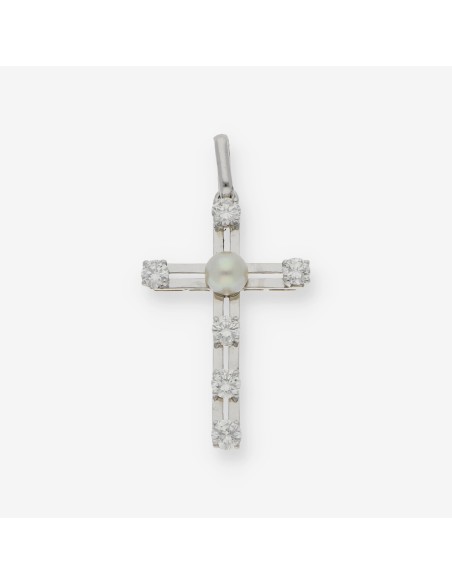 Colgante cruz en oro blanco 18kt con brillantes y perla