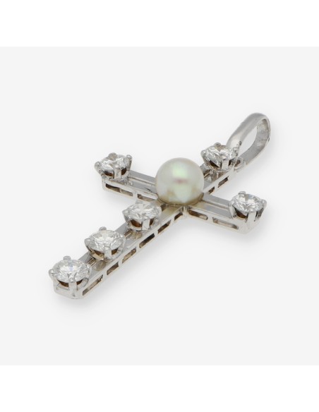 Colgante cruz en oro blanco 18kt con brillantes y perla