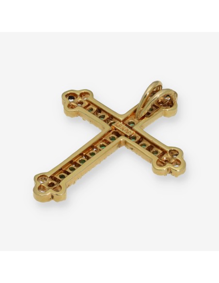 Cruz en oro 18kt con brillantes y esmeraldas