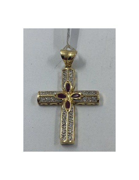 Colgante cruz en oro, brillantes y rubÃ­es