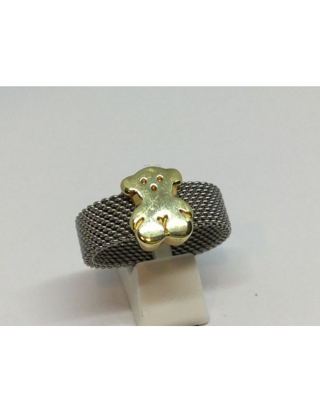 Sortija Tous con el osito en acero y oro