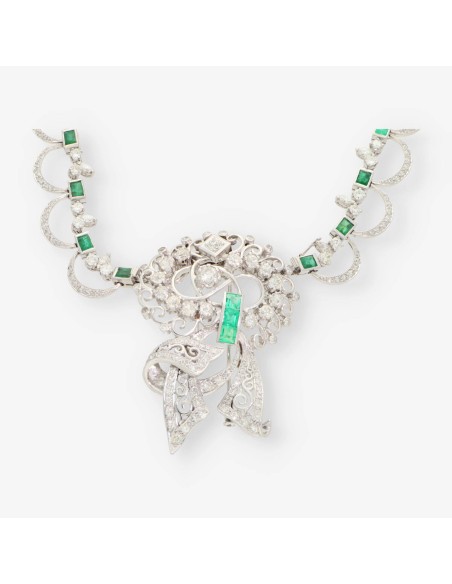 Gargantilla en oro blanco 18kt con brillantes y esmeraldas