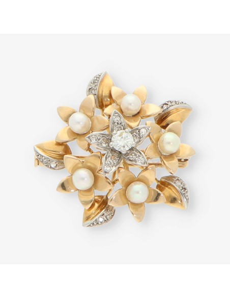 Broche de oro 18kt con diamantes y perlas