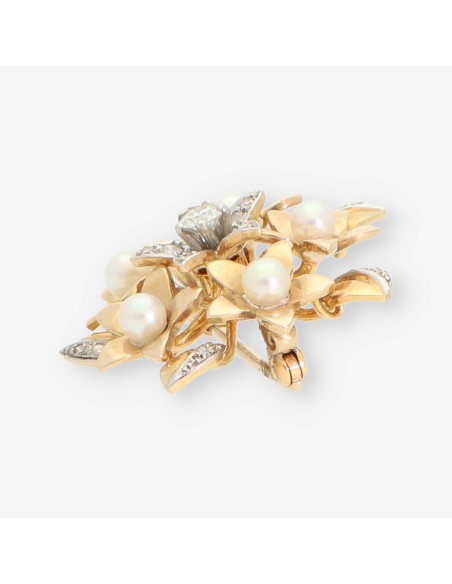 Broche de oro 18kt con diamantes y perlas