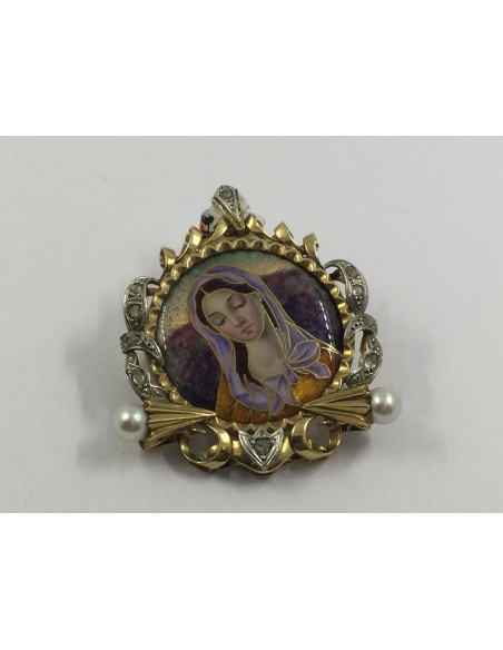 Colgante en oro, diamantes, perlita y esmalte