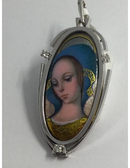 Colgante medalla en oro blanco, esmalte y brillantes