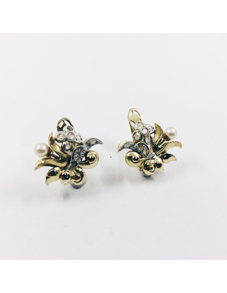 Pendientes vintage en oro, diamantes y perlitas