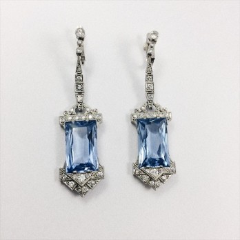 Pendientes art-decÃ³ en oro blanco, brillantes y topacios 2