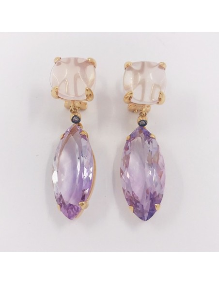 Pendientes en oro 18kt con cuarzo rosa y brillante