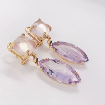 Pendientes en oro 18kt con cuarzo rosa y brillante 2