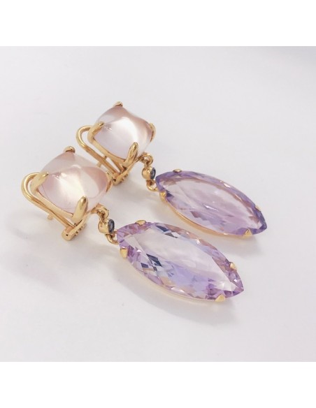 Pendientes en oro 18kt con cuarzo rosa y brillante