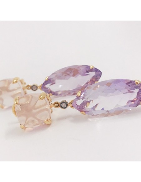 Pendientes en oro 18kt con cuarzo rosa y brillante