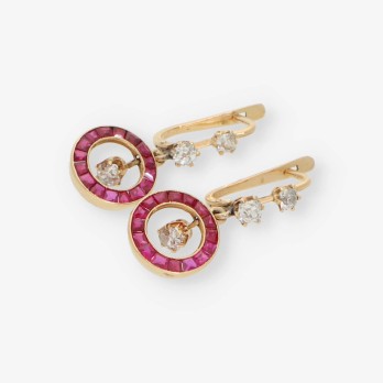 Pendientes largos vintage en oro 18kt RubÃ­ y Brillantes 2