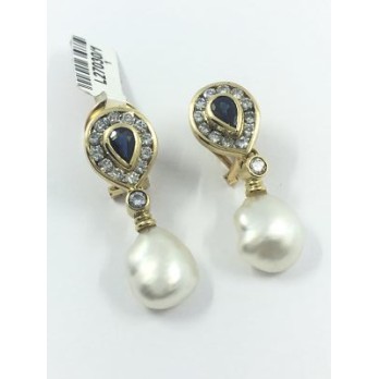 Pendientes de oro con brillantes, zafiros y perlas