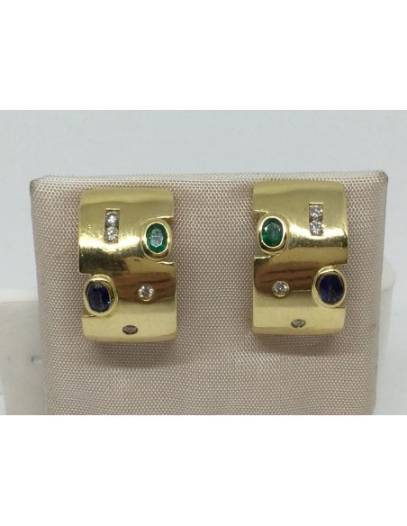 Pendientes de oro con brillantes, esmeralda y zafiro